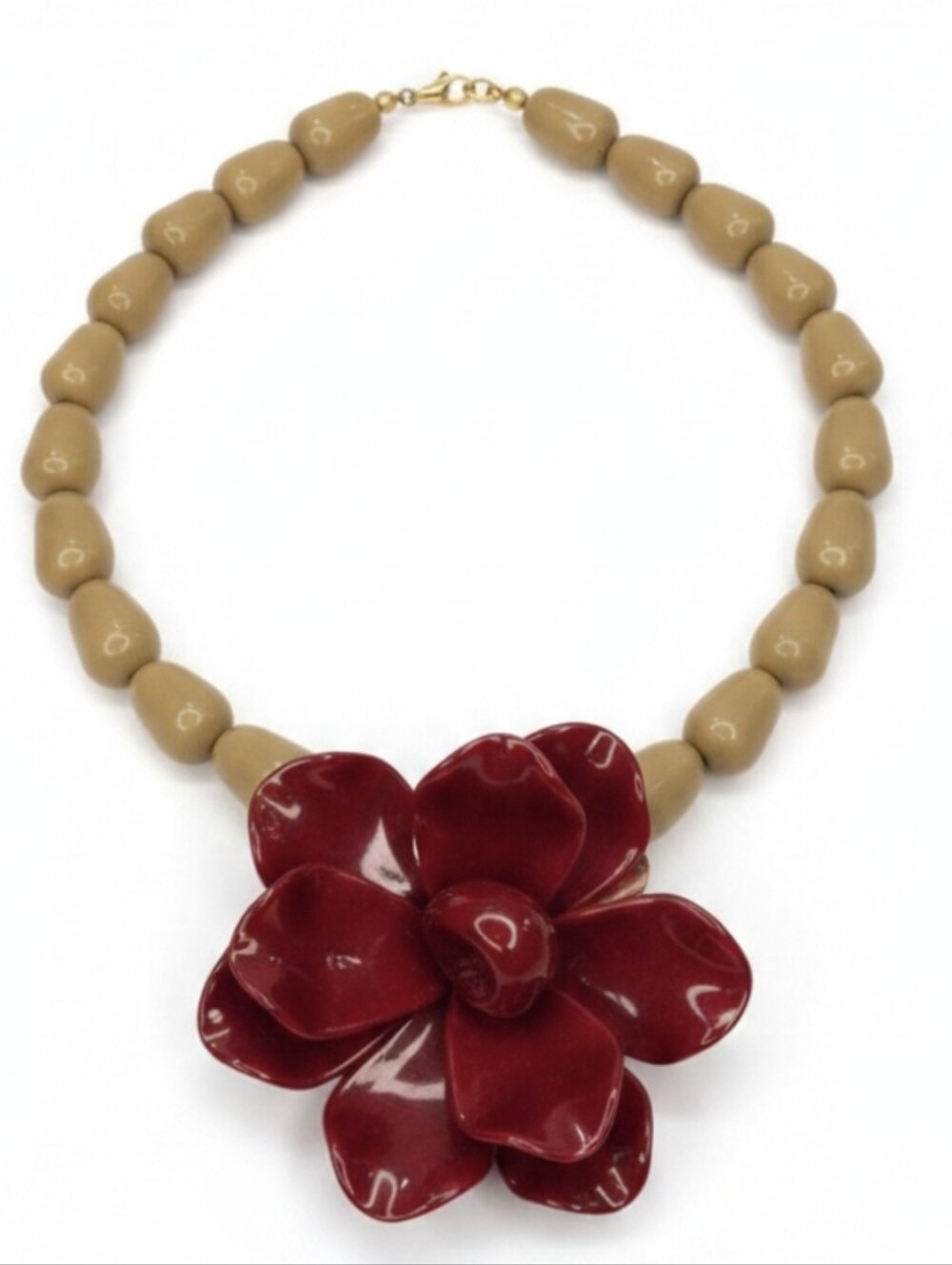 🤎▪️Piper K ▪️Beige Beaded Necklace with Red Flower Pendant